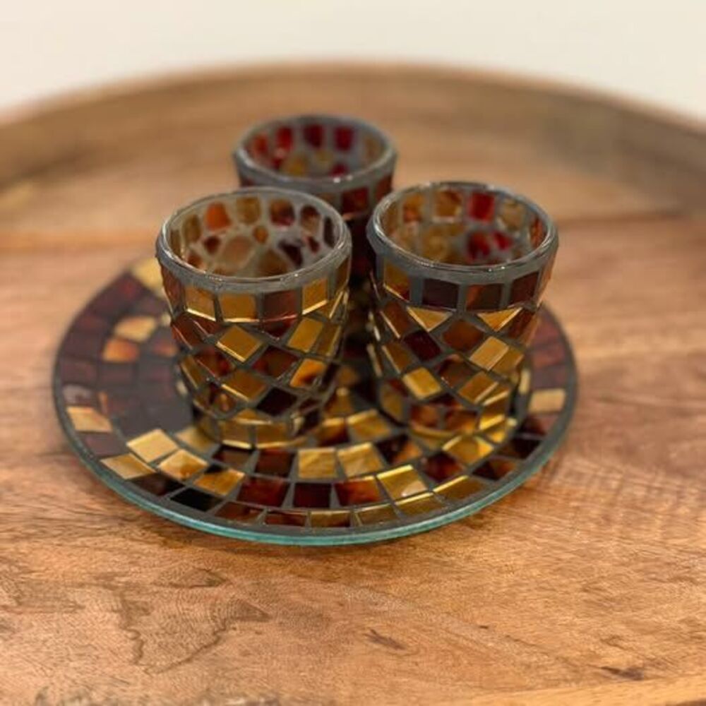 Mosaic Glass Votive Candle Holder Set with Tray